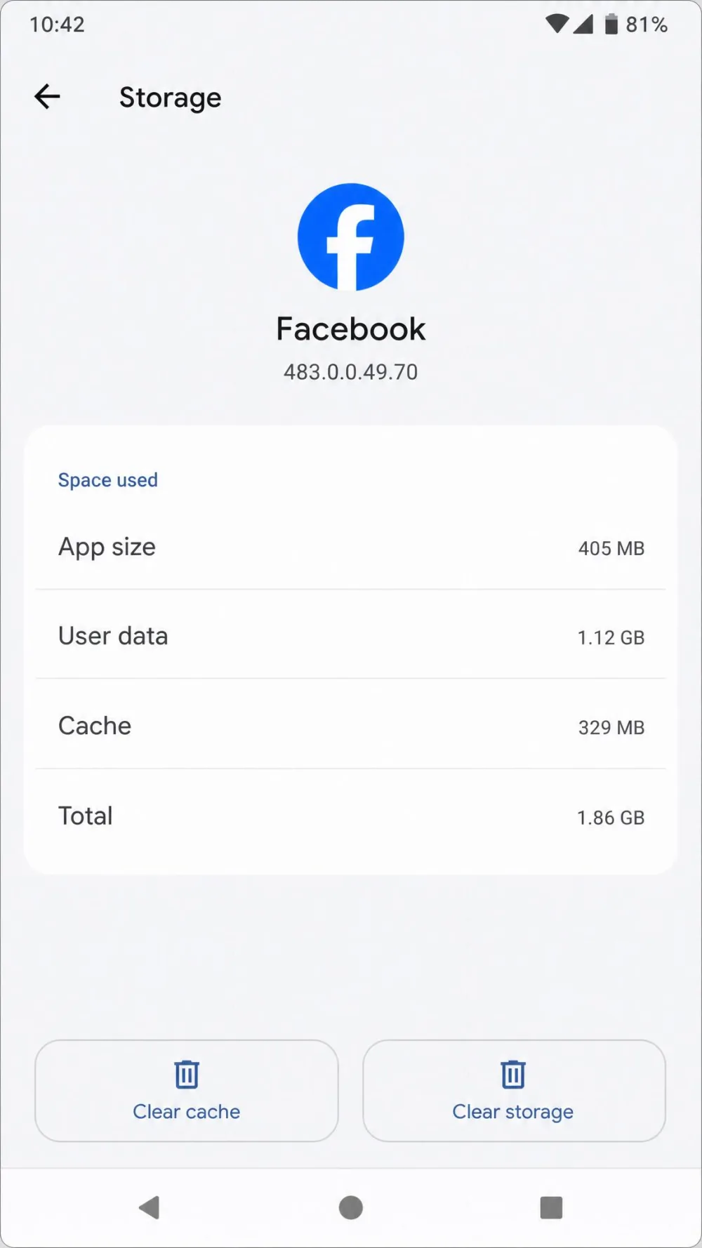 The Facebook app Storage screen in Android Settings, showing the Clear cache and Clear storage buttons side by side at the bottom of the screen.