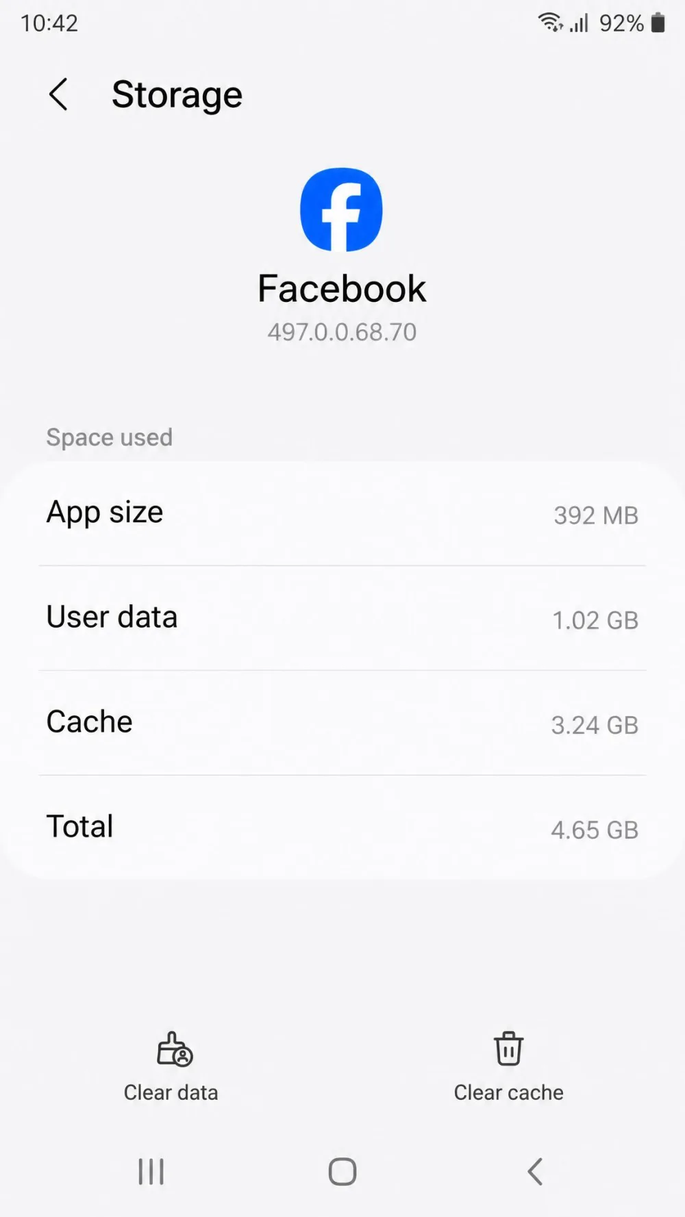 The Android app storage screen for Facebook showing several gigabytes of cached data listed under Storage, with the Clear cache button visible at the bottom of the screen.
