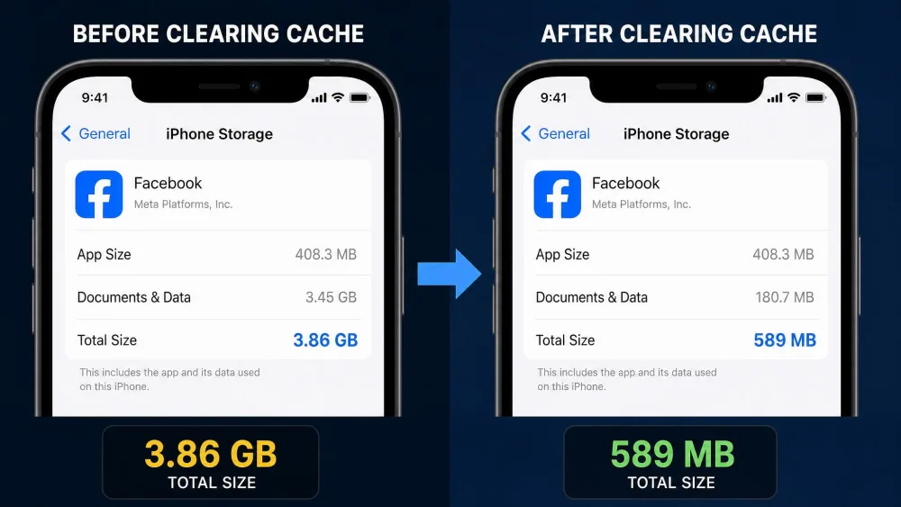 A side-by-side comparison of the Facebook app storage size before and after clearing the cache, showing a drop from several gigabytes to a few hundred megabytes.