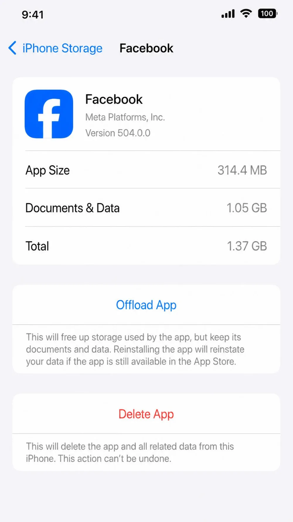 The iPhone Storage screen for the Facebook app on iOS, showing the Offload App and Delete App options with the app size listed at the top.