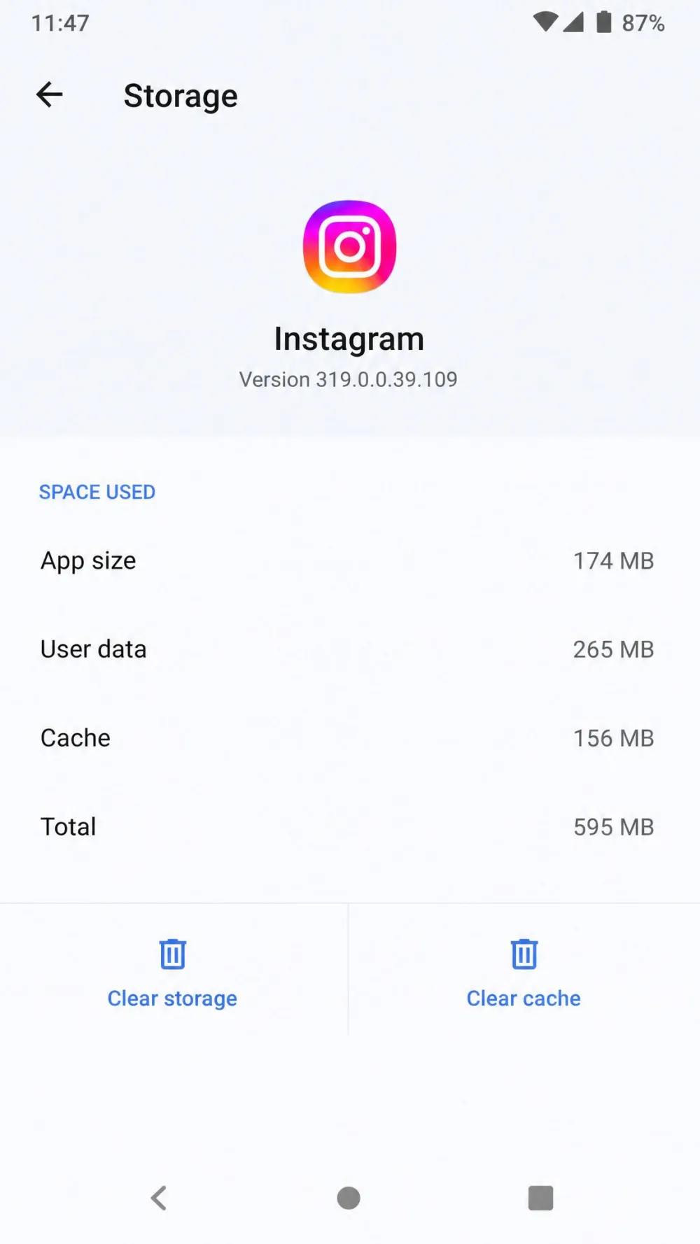 The Android Instagram app info screen under Storage, showing the Clear cache button next to the Clear storage button.