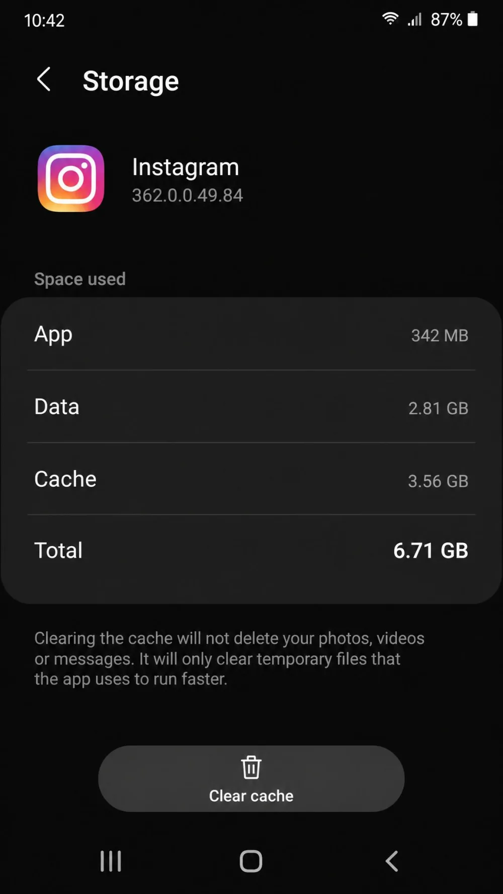 A phone Settings screen showing the Instagram app using several gigabytes of storage, with a Clear cache button visible at the bottom.