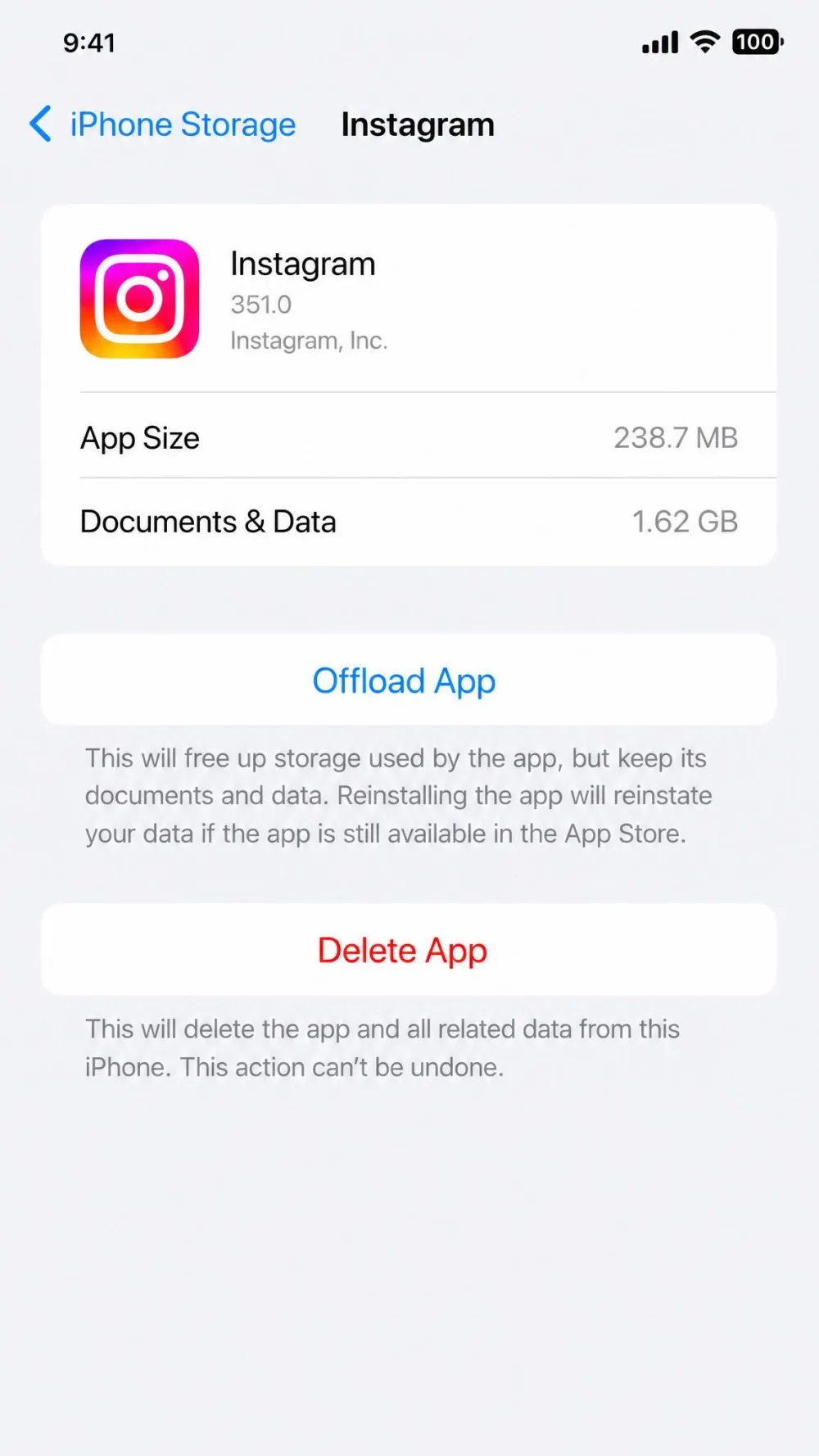 The iPhone Storage screen for Instagram showing both the Offload App and Delete App buttons.