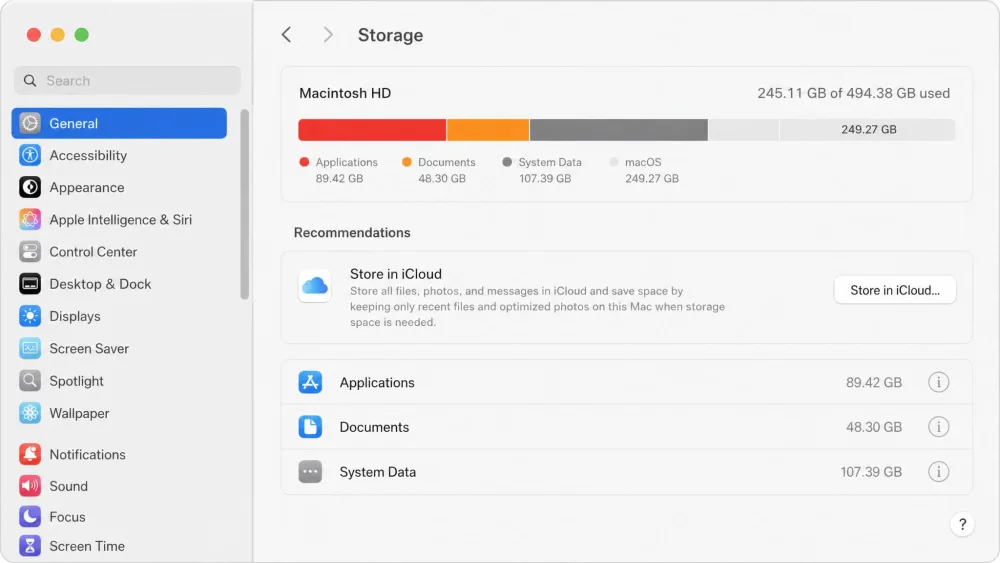 The macOS Storage settings screen under About This Mac, showing a colored bar of used space broken down by Applications, Documents, System Data, and available free space.