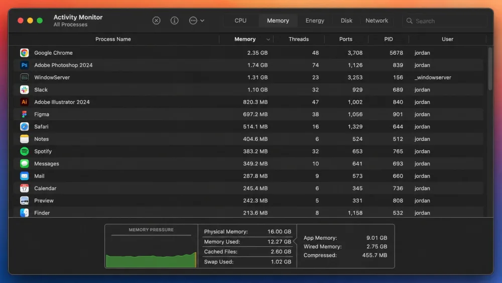 The macOS Activity Monitor window on the Memory tab, listing running apps sorted by memory used, with a memory pressure graph at the bottom.