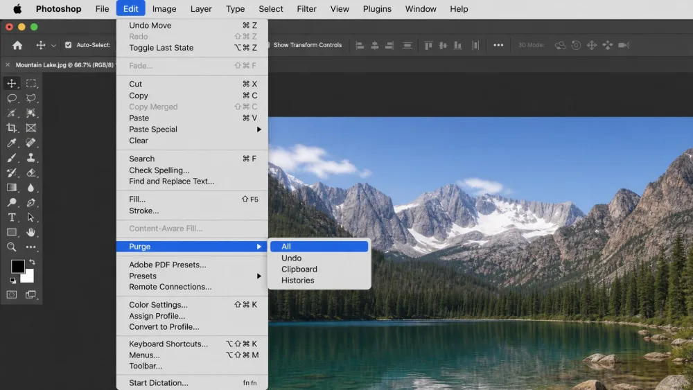 The Photoshop Edit menu open on macOS with the Purge submenu expanded, showing All, Undo, Clipboard, and Histories options, and All highlighted.
