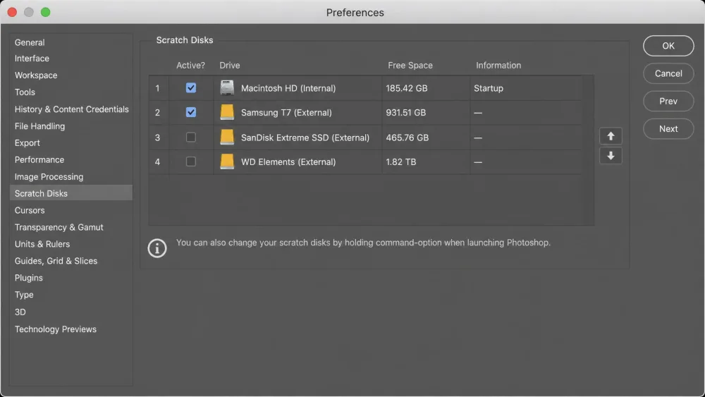 The Photoshop Scratch Disks preferences panel on Mac, listing internal and external drives with checkboxes and up-down arrows for setting scratch disk priority.