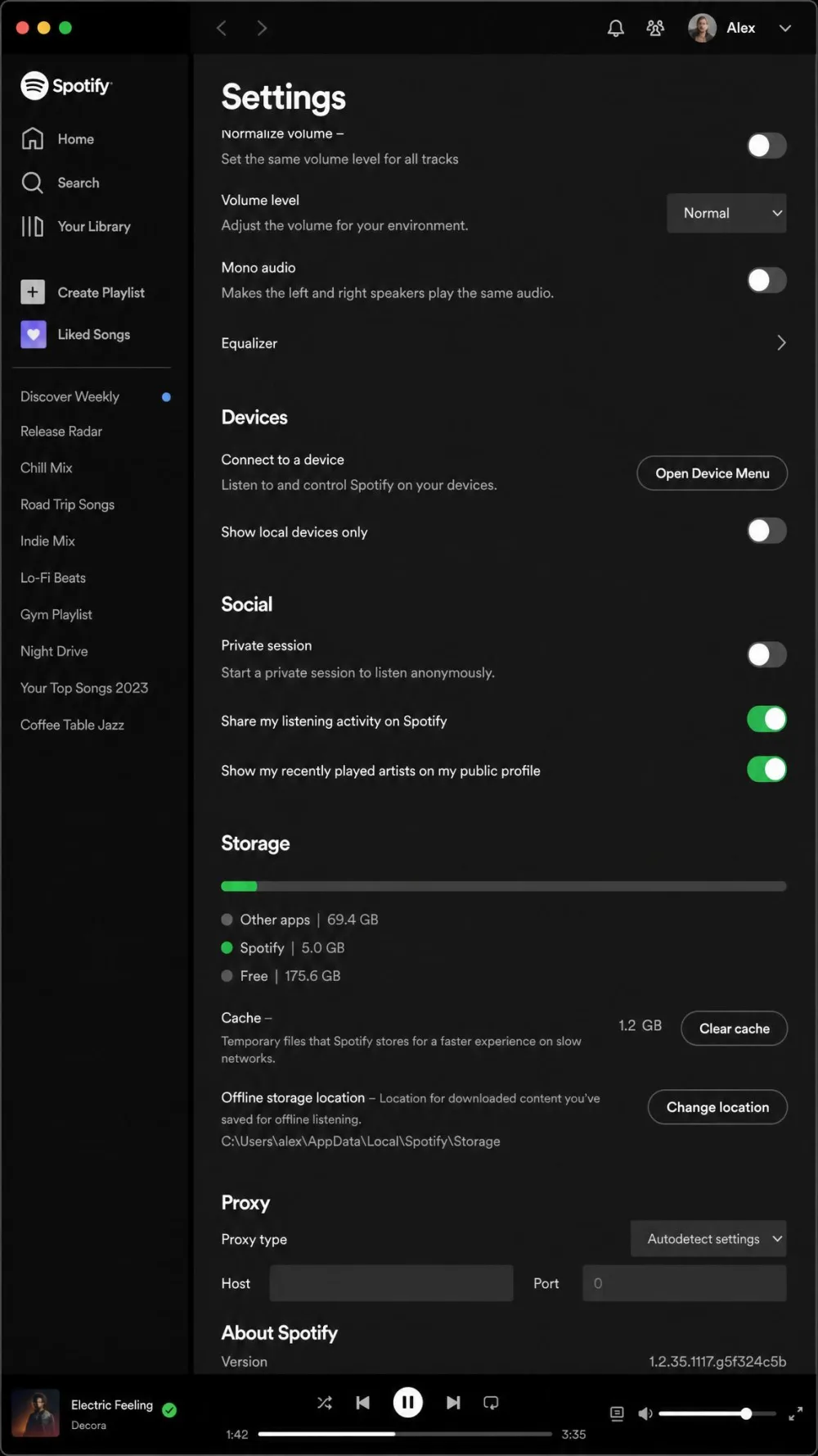 The Spotify desktop app Settings screen scrolled to the Storage section, showing the Clear cache and Change location buttons.