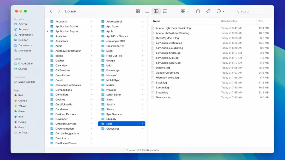 A macOS Finder window opened to the user Library folder showing the Logs and Application Support folders, with app log files listed in the right pane ready to be cleared.