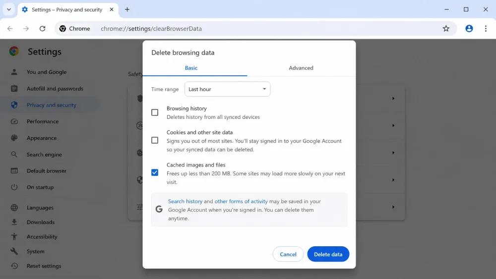 The Google Chrome Delete browsing data dialog with a time range selected and the Cached images and files checkbox ticked, ready to clear the cache.
