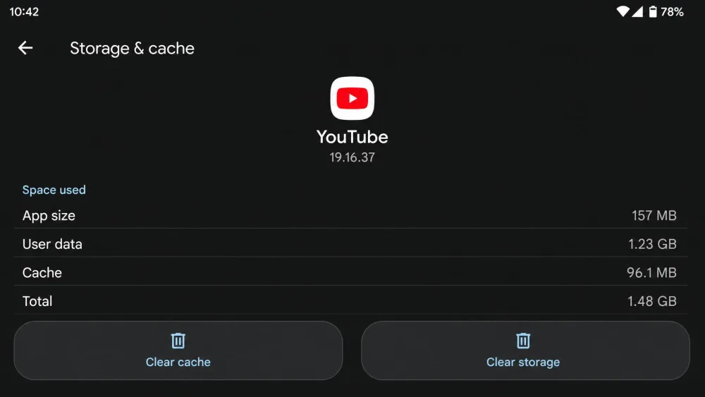 The Android Settings screen for the YouTube app showing the Storage & cache page, with the Clear cache and Clear storage buttons side by side near the bottom.