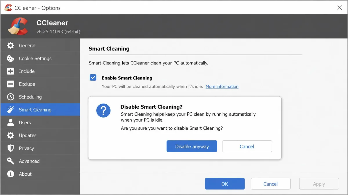 The CCleaner Options window with the Smart Cleaning tab selected, showing the Enable Smart Cleaning tickbox and the confirmation prompt with the Disable anyway button.