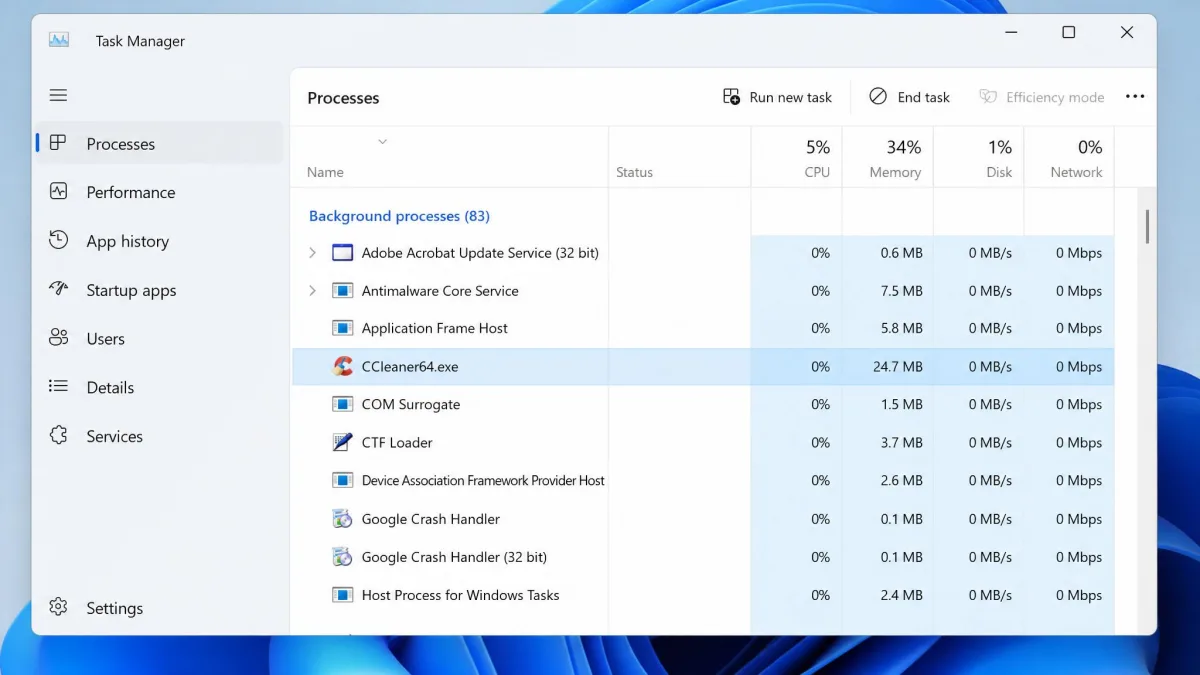 Windows 11 Task Manager with CCleaner64.exe selected in the background processes list and the End task button visible in the top-right toolbar.