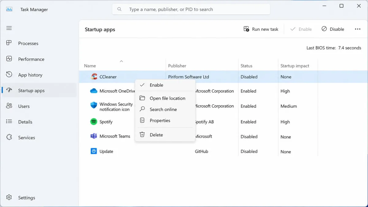 The Startup apps page in Windows 11 Task Manager showing the CCleaner entry with its status set to Disabled and the right-click menu open.