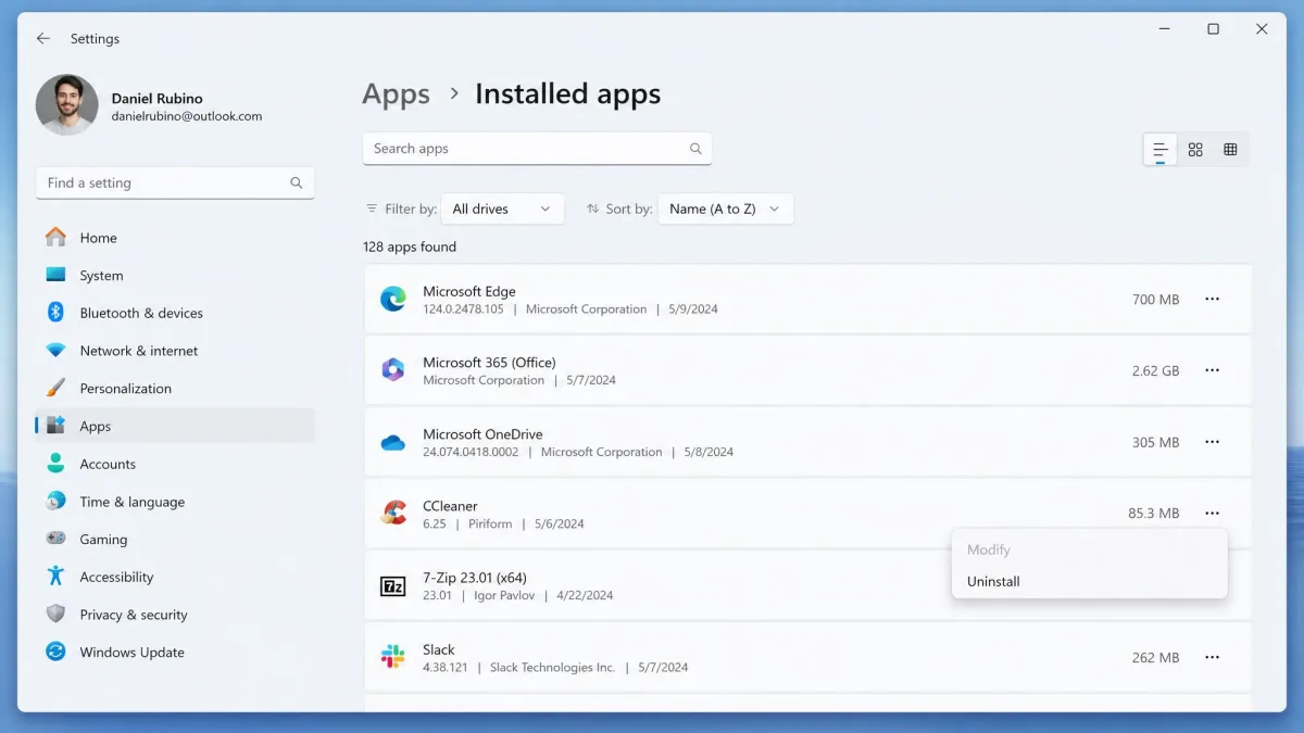 The Windows 11 Settings app on the Installed apps page with CCleaner listed and its three-dot menu open showing the Uninstall option.