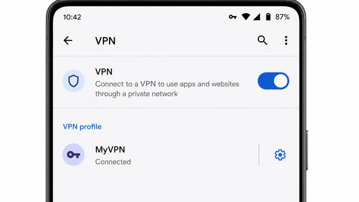 An Android phone's Network and internet VPN screen showing a saved VPN profile switched on, with the key-shaped VPN icon visible in the status bar.