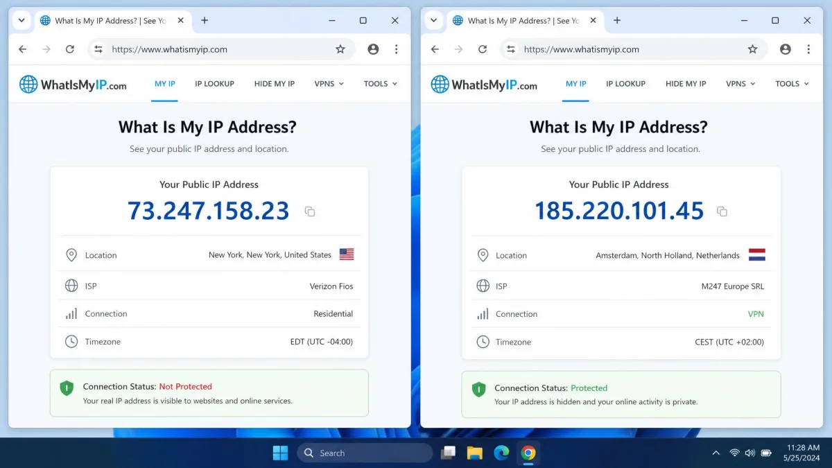 Two browser windows side by side showing an IP-checking site, the first with the user's home IP and city, the second with the VPN server's IP and a different country after connecting.