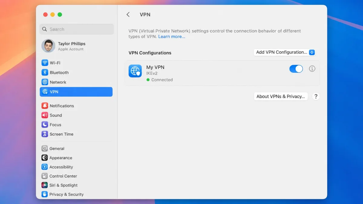 The macOS System Settings VPN panel with a configured connection listed and its status toggle switched to on, showing a green Connected indicator.