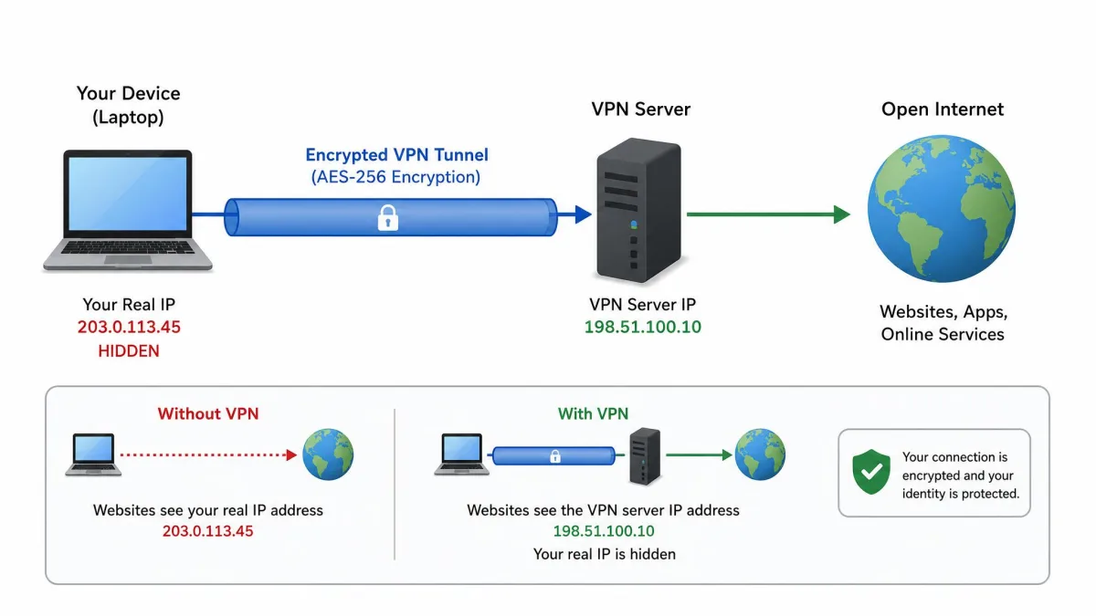 A simple diagram showing a laptop connecting through an encrypted tunnel to a VPN server, which then reaches the open internet, with the user's real IP address hidden behind the server's IP.