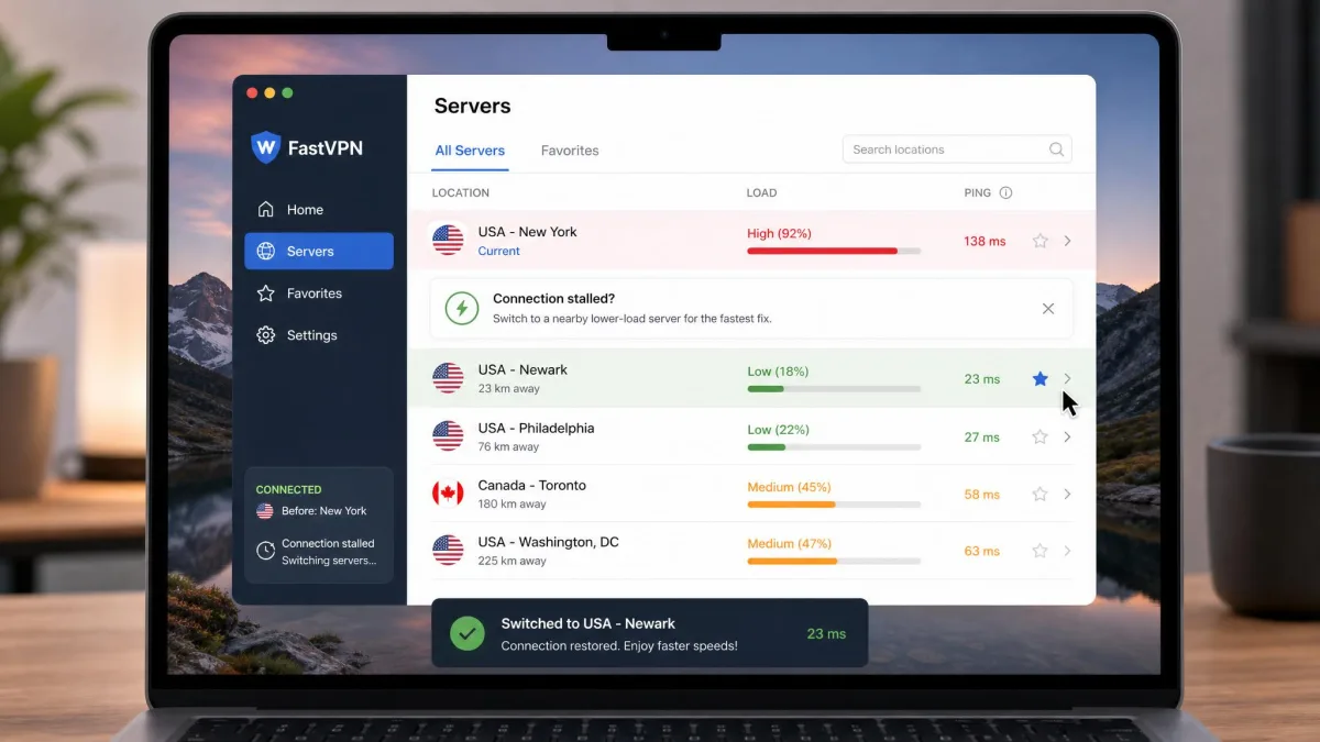 A VPN app's server list open on a laptop, with the user switching from a busy server marked at high load to a nearby low-load server, illustrating the fastest fix for a stalled connection.