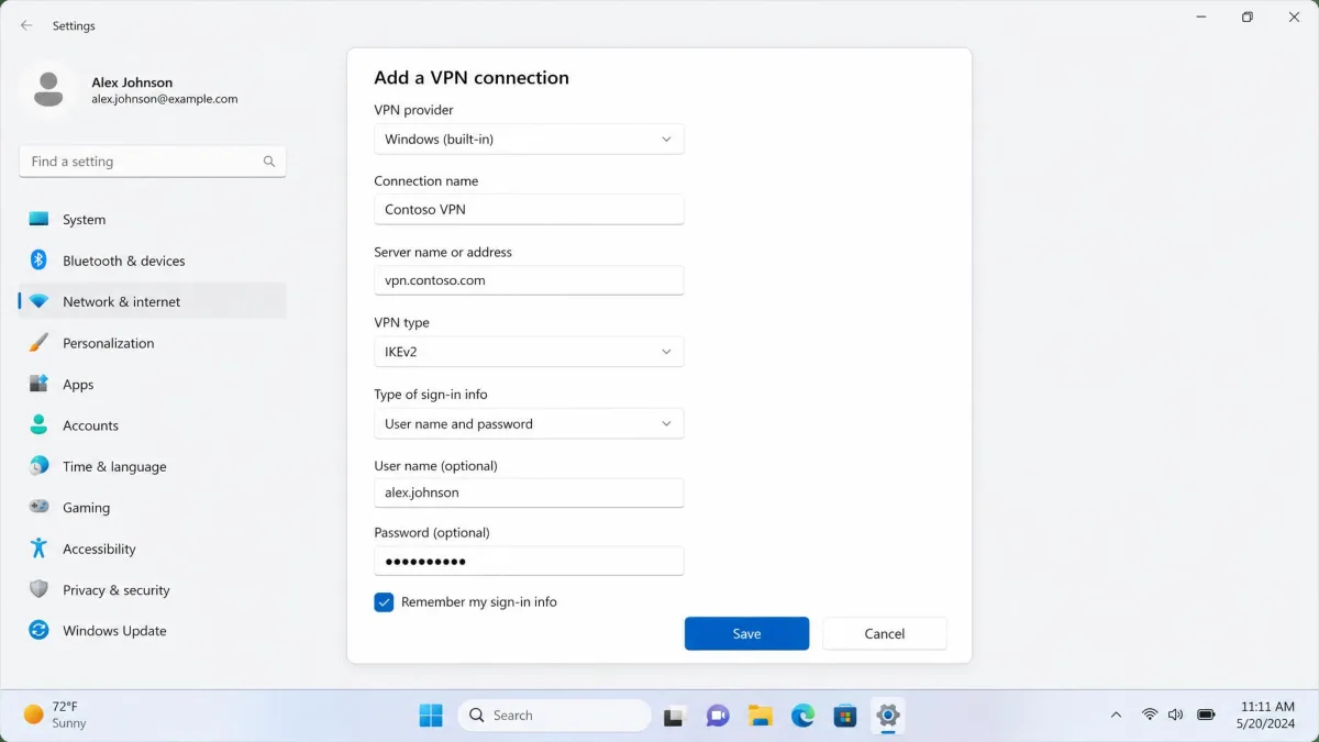 The Windows 11 Add a VPN connection dialog with the provider set to Windows built-in, filled fields for connection name, server address, VPN type, and sign-in info, and the Save button highlighted.