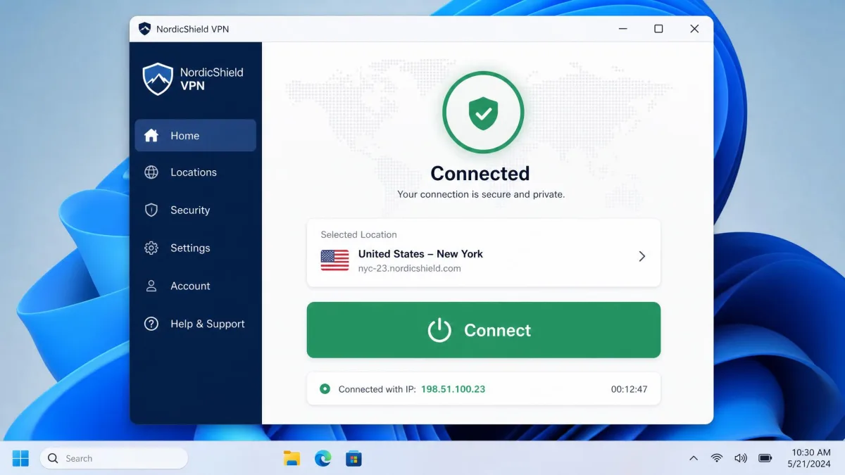 A VPN provider's Windows desktop app showing a large Connect button, a selected server location, and a status line reading Connected with the session's IP address.