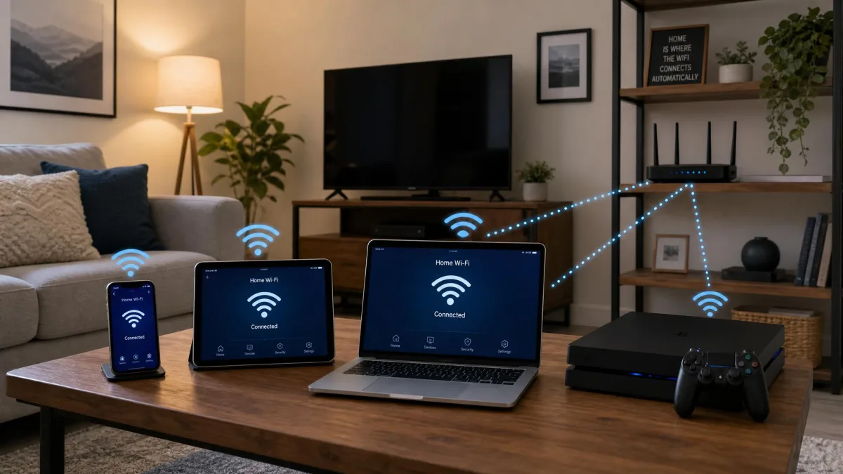 A living room scene with a phone, tablet, laptop, and game console all connected to a home Wi-Fi network, with a router visible on a shelf.