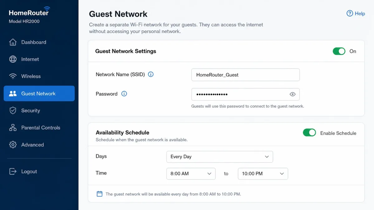 A router's guest network settings screen with a separate network name, its own password field, and a toggle to schedule when the guest network is available.