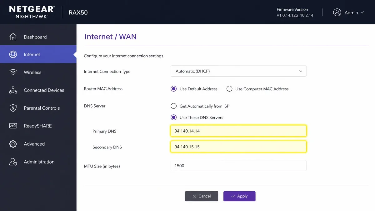 A router's internet settings screen where the DNS server fields are set to a filtered resolver, with the primary and secondary address boxes highlighted.