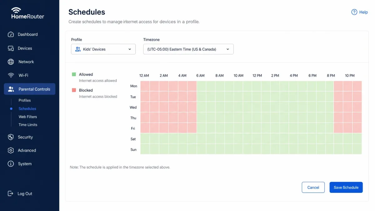 A router scheduling screen with a weekly grid where the internet is blocked on school nights from 9 PM to 7 AM for the kids' devices group.