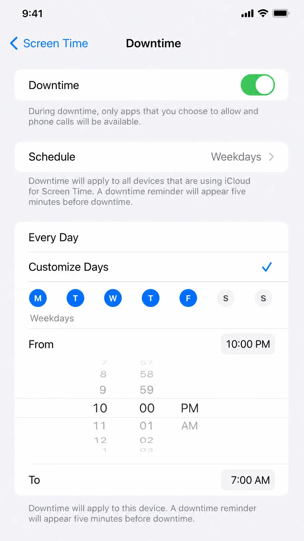An iPhone Screen Time settings screen with a Downtime schedule turned on for weekday nights, showing the start and end time selectors.