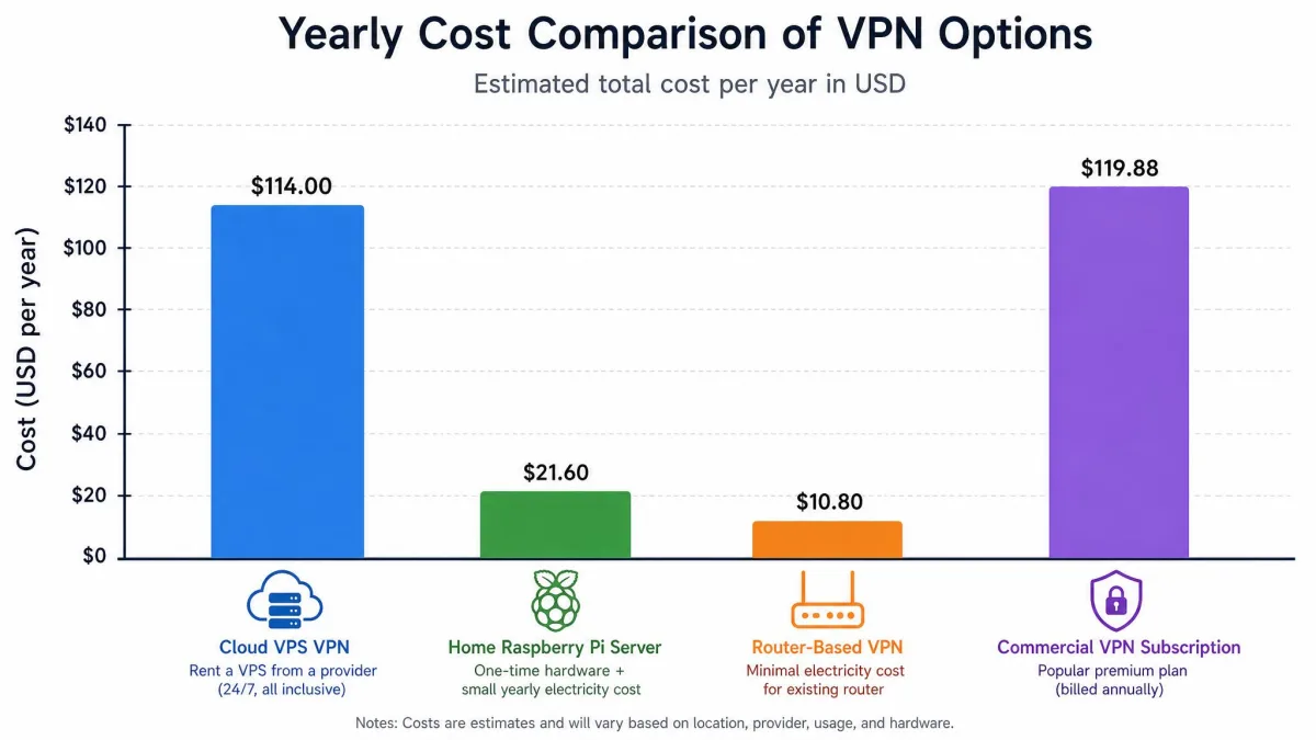 A bar chart comparing the yearly cost of a cloud VPS VPN, a home Raspberry Pi server, and a router-based VPN against a commercial subscription.