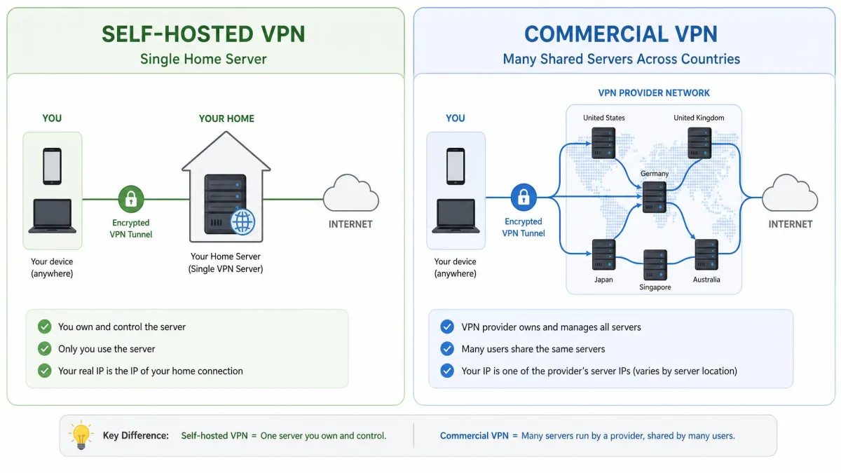 Side-by-side diagram comparing a self-hosted VPN with a single home server to a commercial VPN with many shared servers across several countries.