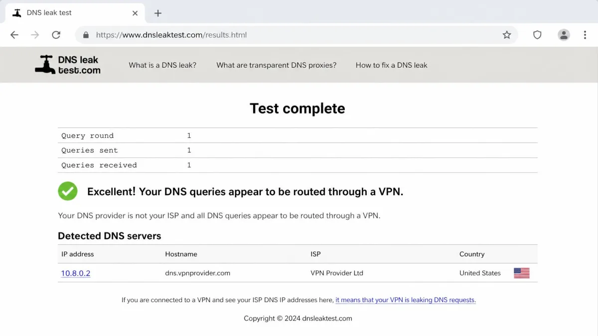 A DNS leak test results page in a browser showing a single server IP address and matching DNS server, confirming no leaks on a connected VPN.