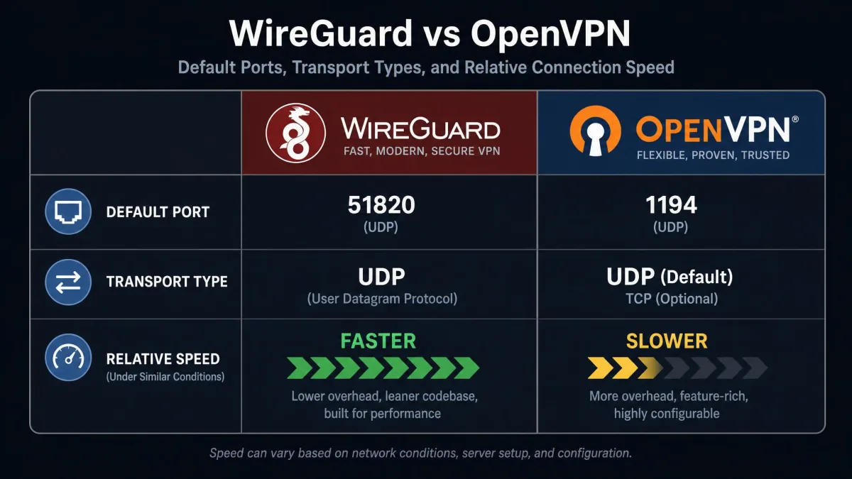 A comparison graphic contrasting WireGuard and OpenVPN logos with their default ports, transport types, and relative connection speed.