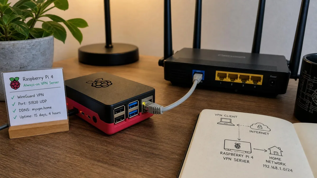 A Raspberry Pi 4 connected by an Ethernet cable to a home router, set up as an always-on VPN server on a desk.