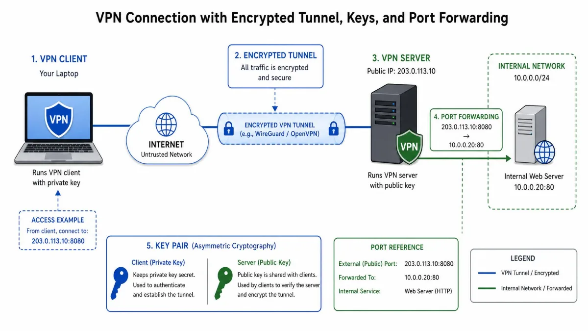 A labeled network diagram showing a VPN client laptop connecting through an encrypted tunnel to a VPN server, with key pair and port-forwarding labels.