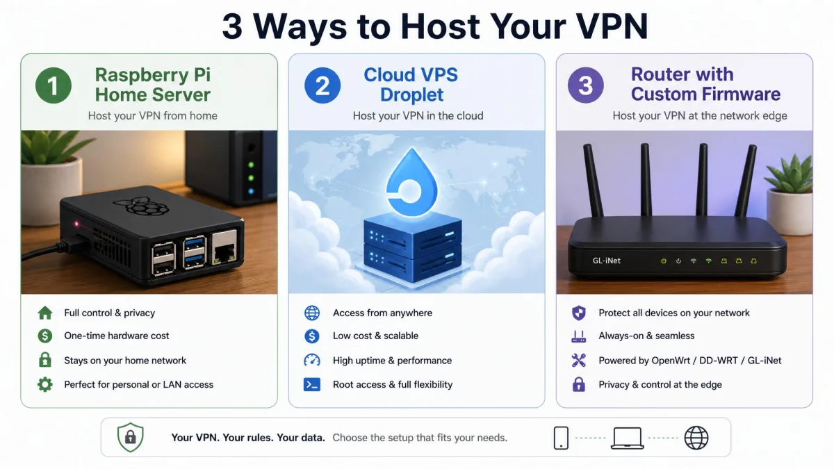 Three-panel illustration showing a Raspberry Pi home server, a cloud VPS droplet, and a router running custom firmware as three ways to host a VPN.