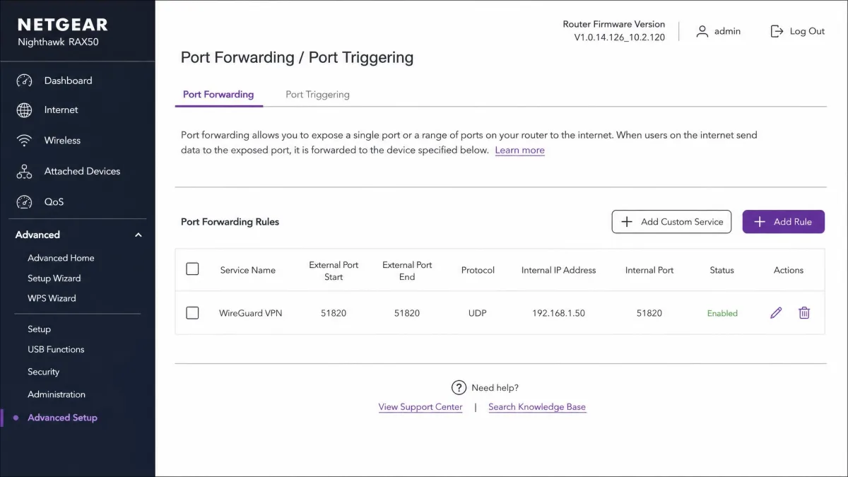 A home router admin screen showing a port-forwarding rule for UDP 51820 pointing to a VPN server's static local IP address.