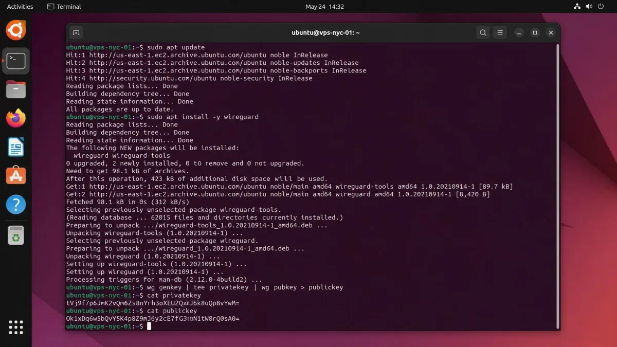 A terminal window on Ubuntu 24.04 showing WireGuard installation commands and a generated key pair during a cloud VPS setup.