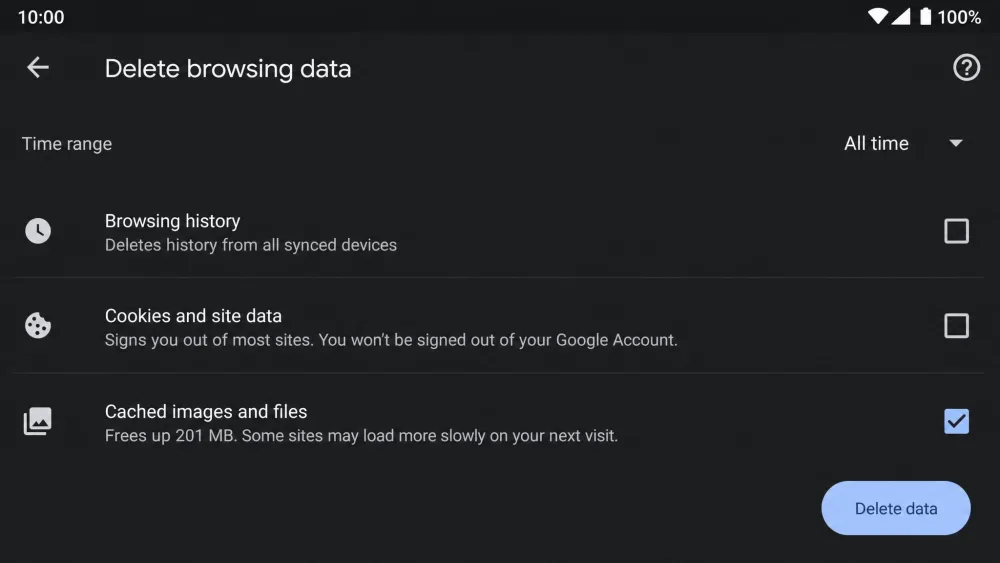 The Chrome for Android Delete browsing data screen set to All time with only Cached images and files selected.