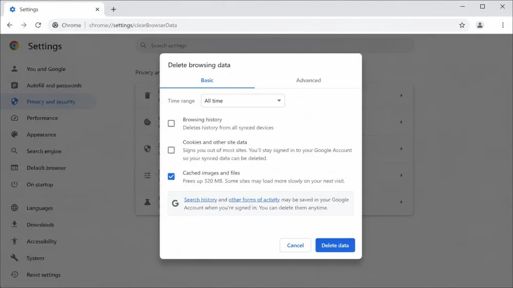 The Chrome Delete browsing data dialog on Windows with only Cached images and files ticked and the time range set to All time.