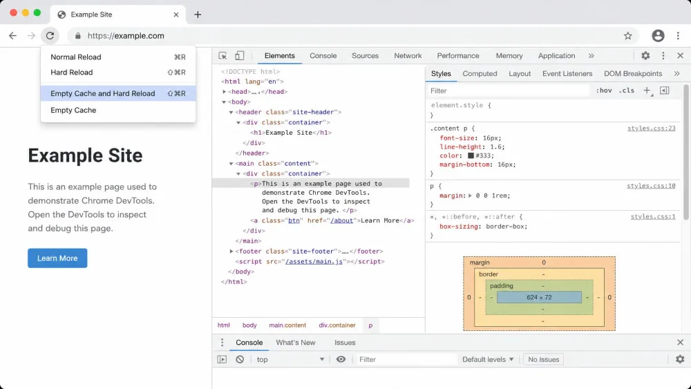 Chrome DevTools open with the reload menu showing the Empty Cache and Hard Reload option.