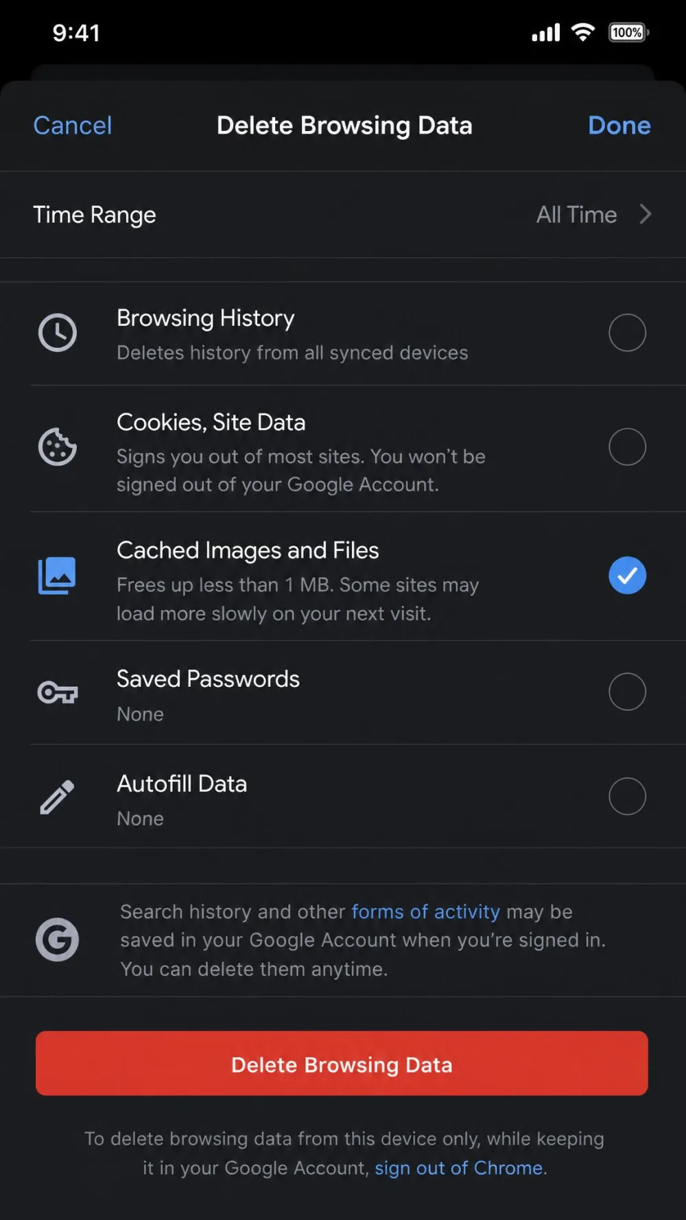 The Chrome for iPhone Delete Browsing Data screen with Cached Images and Files selected.