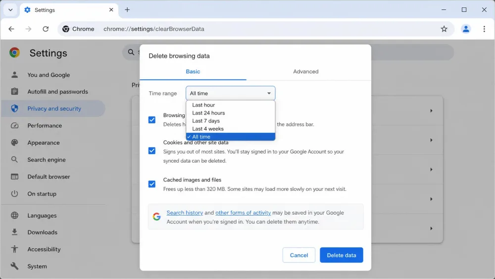 The Chrome Delete browsing data settings with the time-range menu open and All time selected.