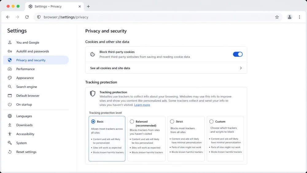 A browser privacy settings screen with the Block third-party cookies toggle switched on, next to tracking-protection level options.