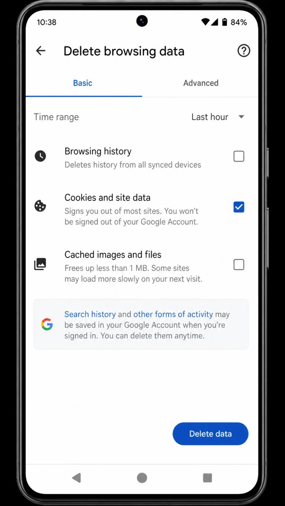 Chrome on an Android phone showing the Delete browsing data screen with Cookies and site data checked and a time-range selector at the top.