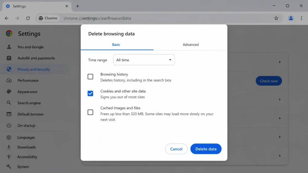 Google Chrome's Delete browsing data dialog with the Cookies and other site data checkbox ticked and the Time range menu set to All time.