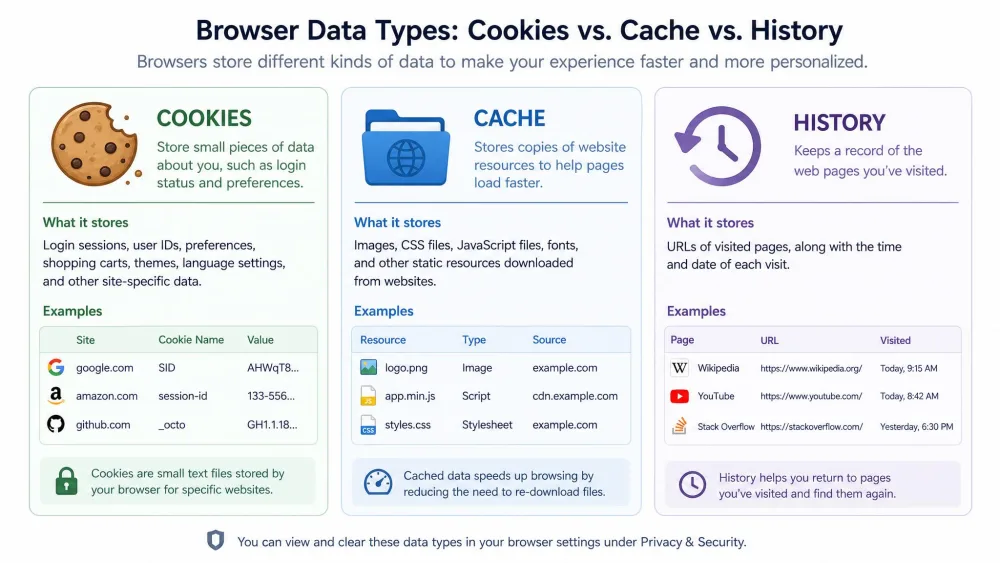 A labeled comparison showing three browser data types side by side: cookies storing login and preference data, cache storing images and scripts, and history listing visited pages.