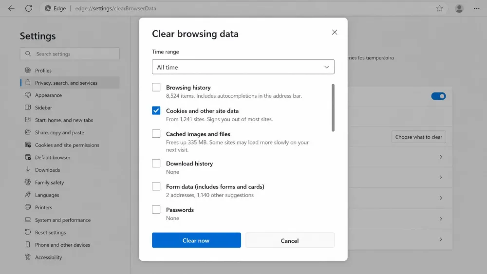 Microsoft Edge's Clear browsing data panel showing the Cookies and other site data option selected with a time-range dropdown above the Clear now button.